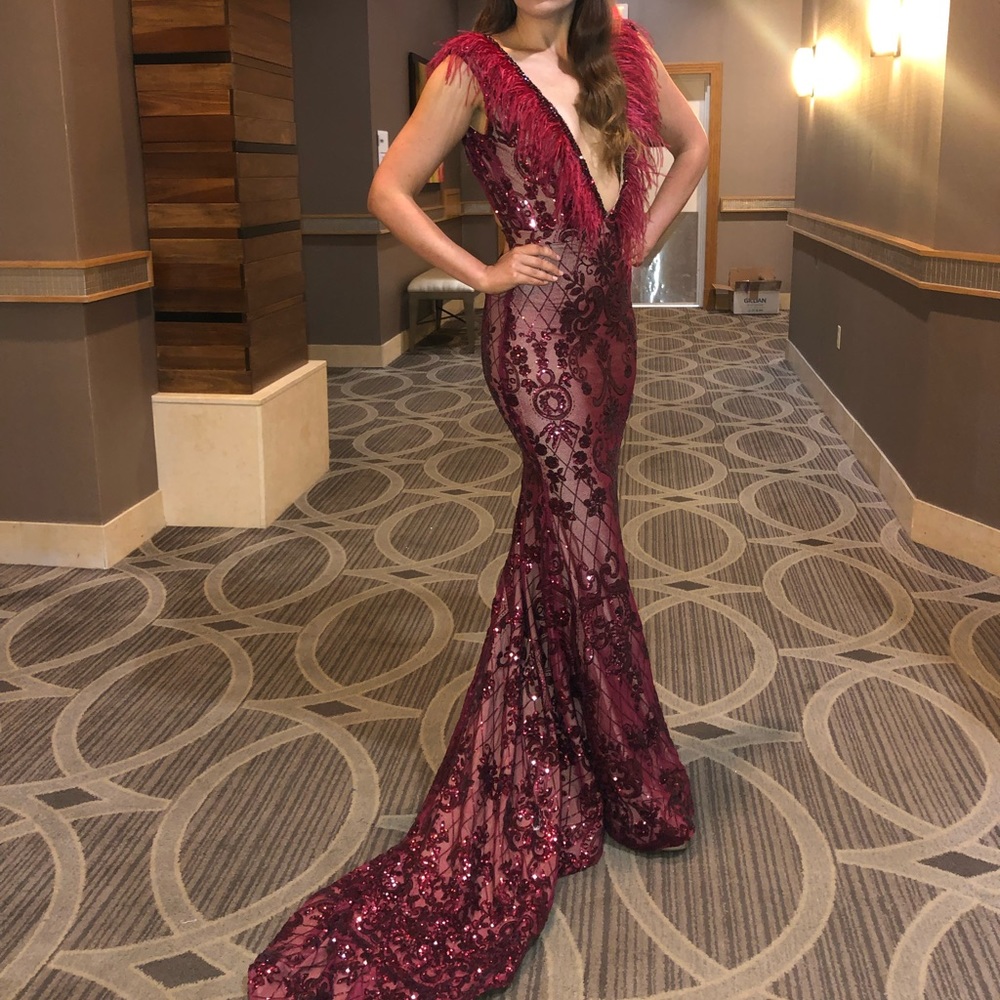 Pixton Design Red Sequin Feather Gown Sz 2-6